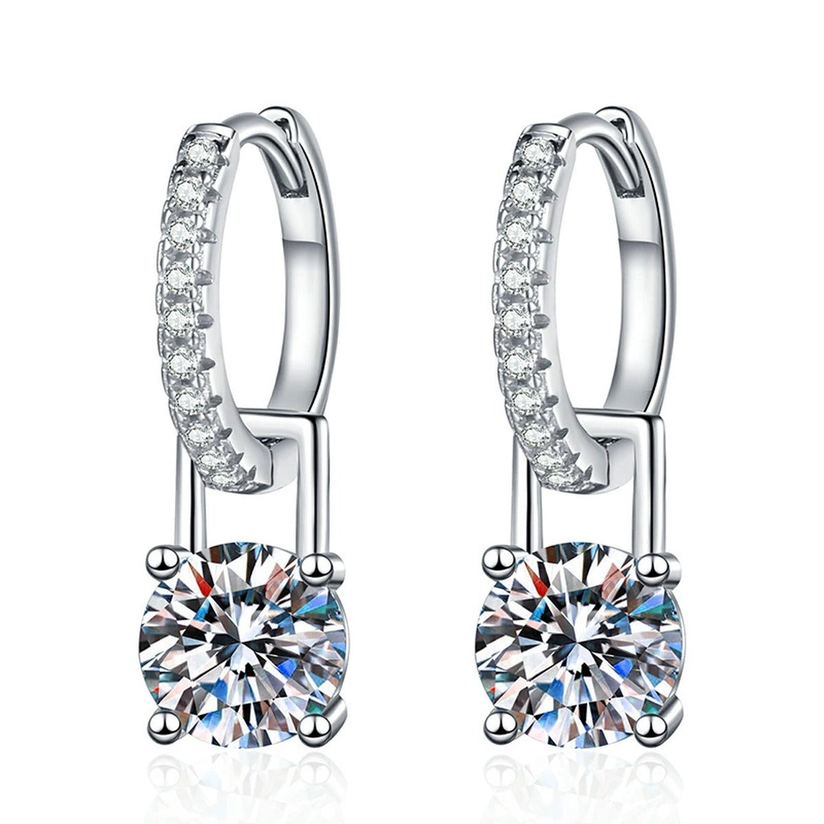 Square Moissanite Hoop Drop Earrings with CZ in White Gold-Plated S925 on clean white background showing square moissanite drops beneath slim polished hoops