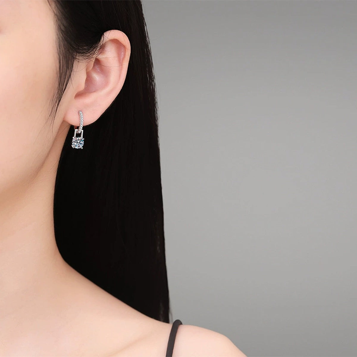Square Moissanite Hoop Drop Earrings with CZ in White Gold-Plated S925 worn on ear by model
