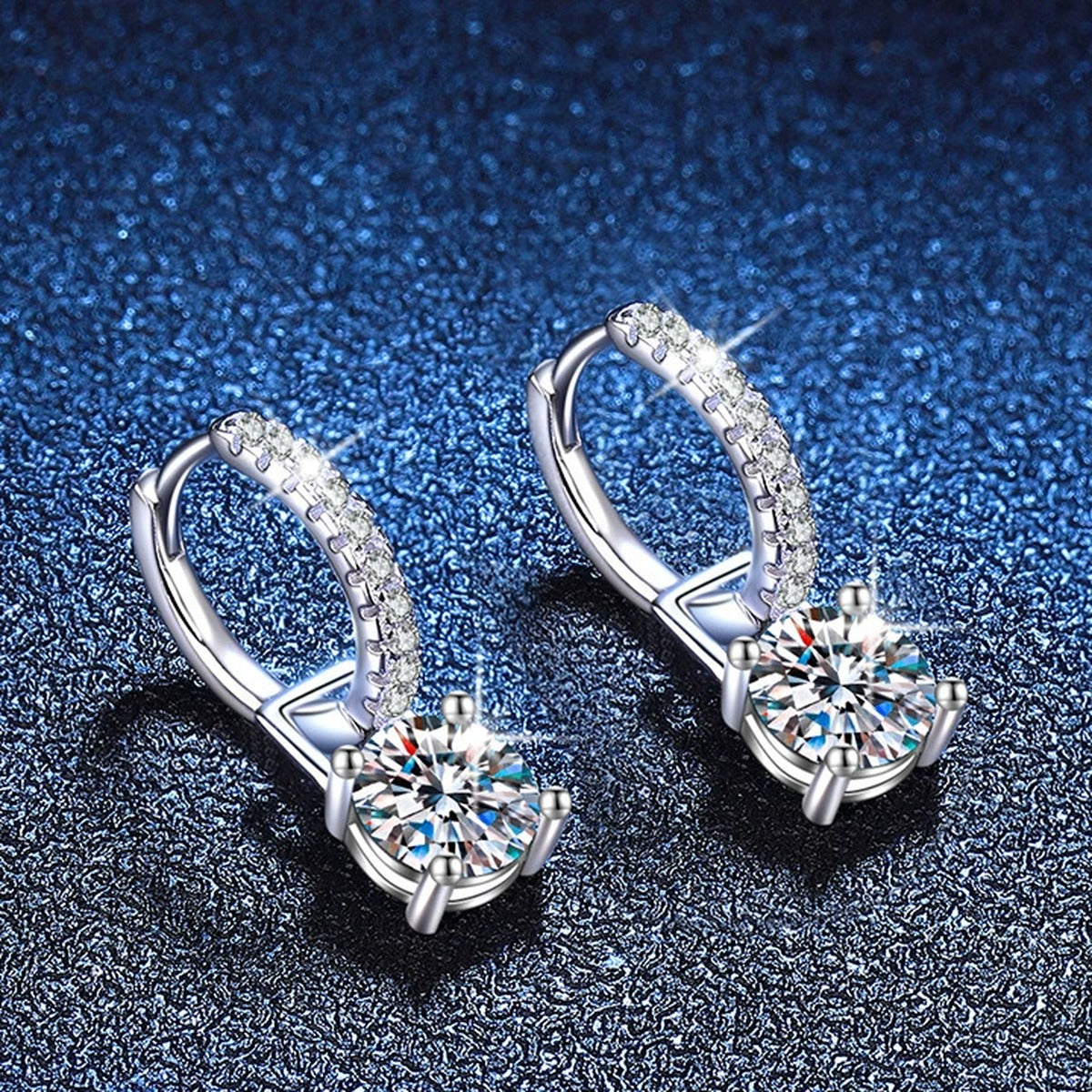 Square Moissanite Hoop Drop Earrings with CZ in White Gold-Plated S925 blue scene product view