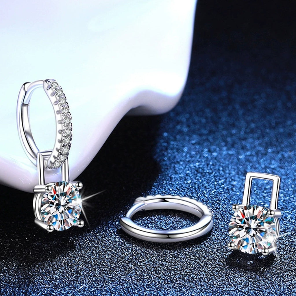 Square Moissanite Hoop Drop Earrings with CZ in White Gold-Plated S925 blue scene angled view