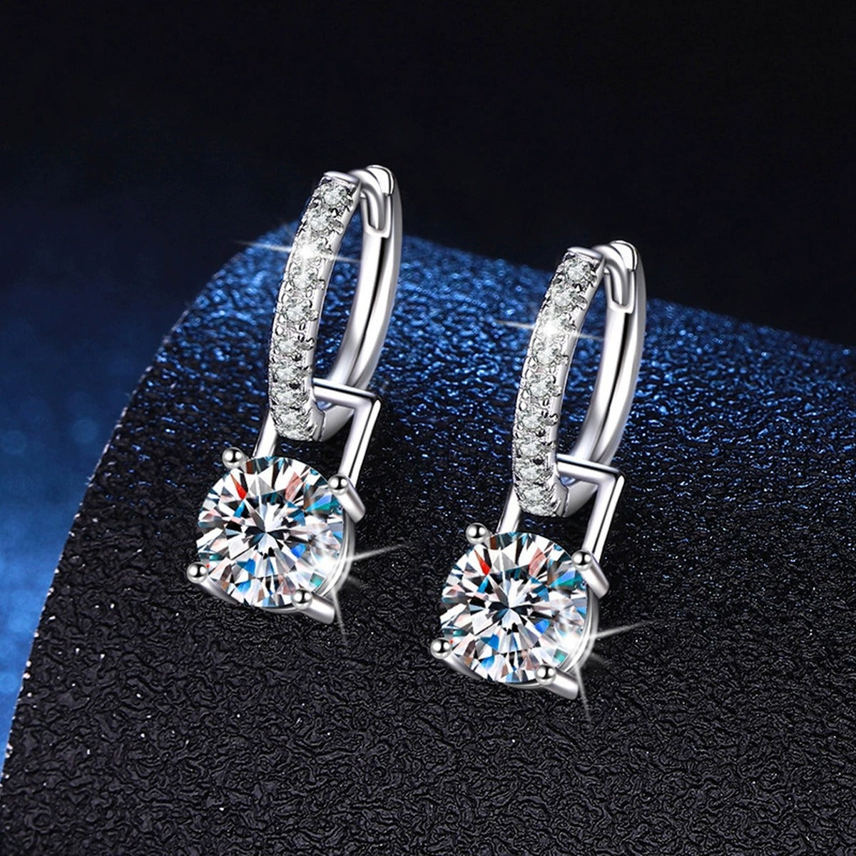 Square Moissanite Hoop Drop Earrings with CZ in White Gold-Plated S925 dark background product display view
