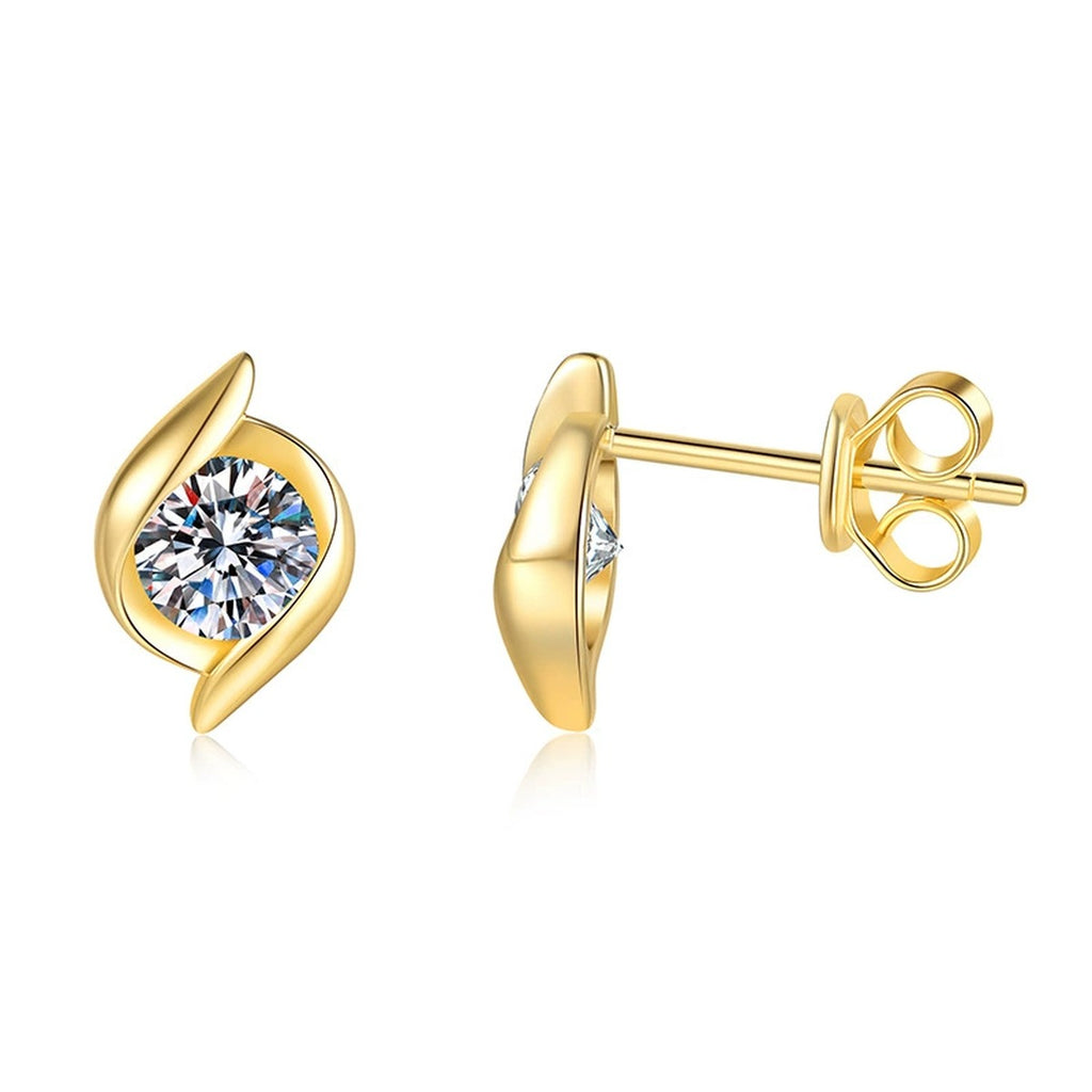 Pear Moissanite Stud Earrings in Gold-Plated S925 Sterling Silver on clean white background showing pear-shaped stud earrings with a polished gold-plated finish