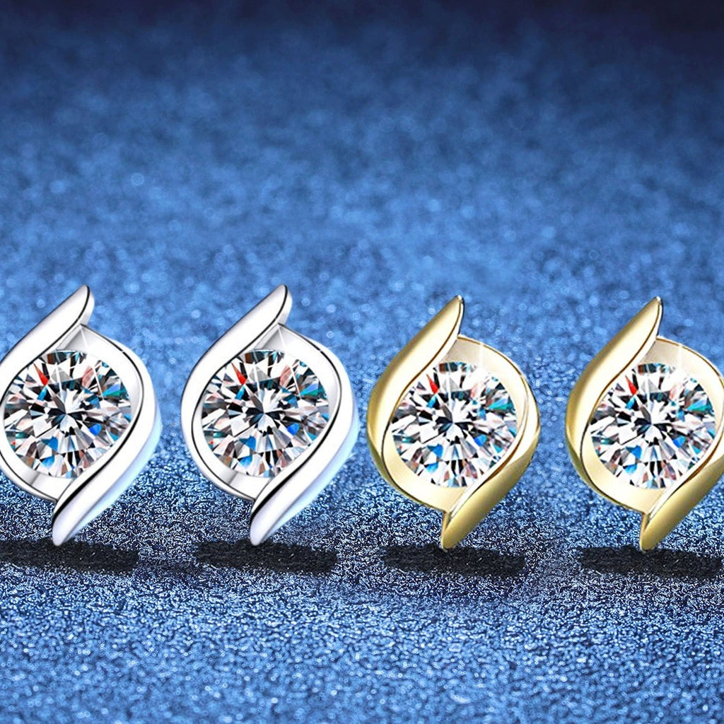 Pear Moissanite Stud Earrings in Gold-Plated S925 Sterling Silver blue scene close-up view