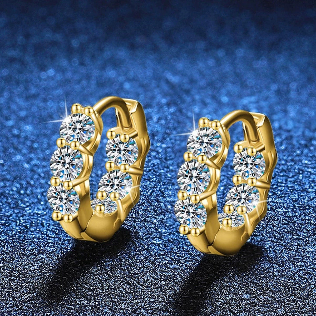 Oval Cluster Moissanite Hoop Earrings in Gold-Plated S925 Silver blue scene close-up view