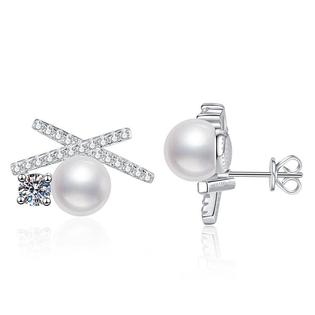 Bow Pearl Moissanite Stud Earrings with CZ in White Gold-Plated S925 Sterling Silver on clean white background showing a ribbon bow stud with pearl and moissanite accents