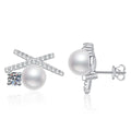 Bow Pearl Moissanite Stud Earrings with CZ in White Gold-Plated S925 Sterling Silver on clean white background showing a ribbon bow stud with pearl and moissanite accents
