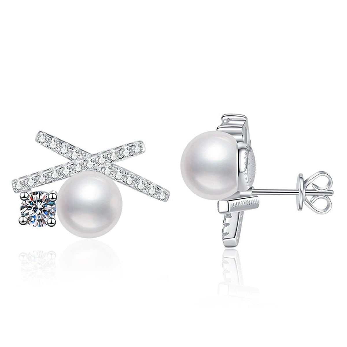 Bow Pearl Moissanite Stud Earrings with CZ in White Gold-Plated S925 Sterling Silver on clean white background showing a ribbon bow stud with pearl and moissanite accents