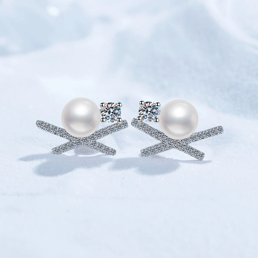 Bow Pearl Moissanite Stud Earrings with CZ in White Gold-Plated S925 Sterling Silver blue scene product view