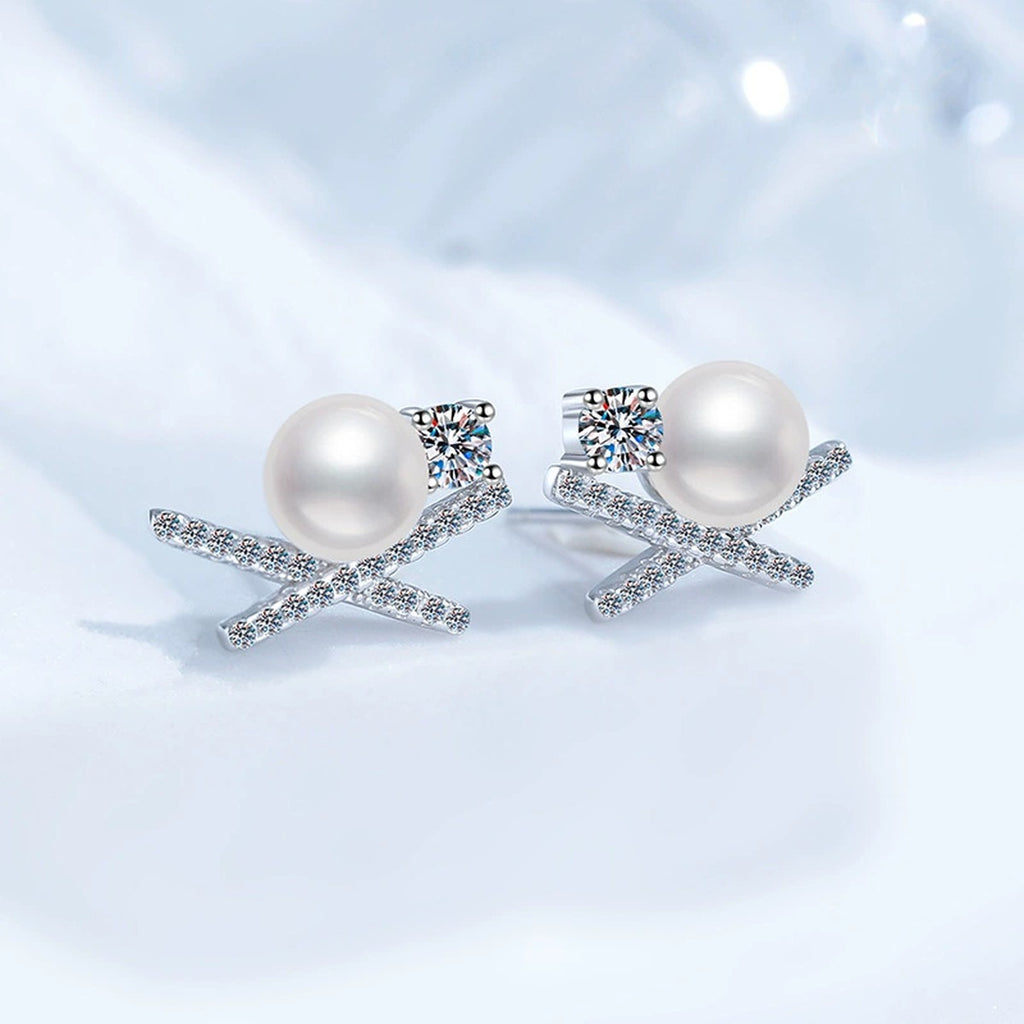 Bow Pearl Moissanite Stud Earrings with CZ in White Gold-Plated S925 Sterling Silver blue scene angled view