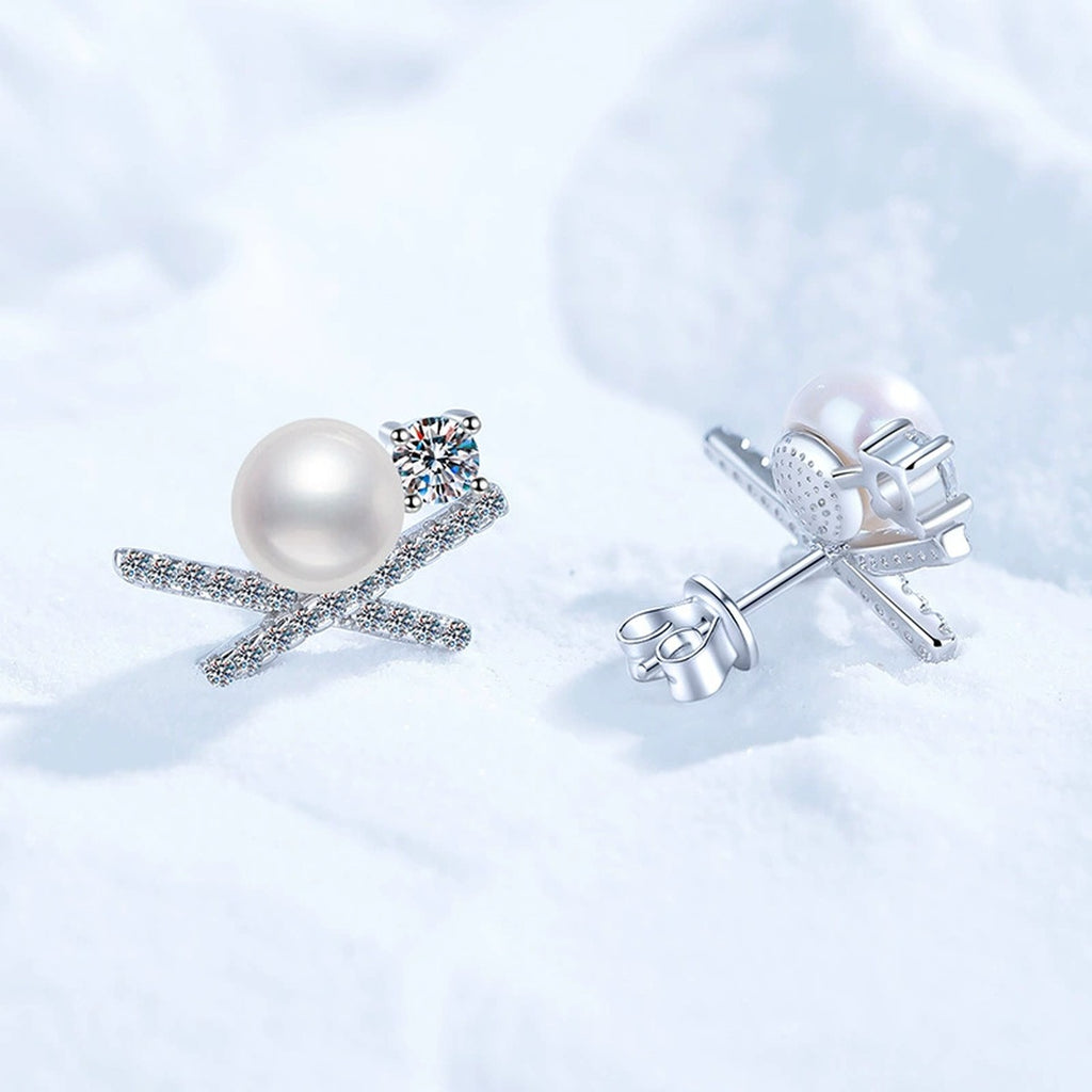 Bow Pearl Moissanite Stud Earrings with CZ in White Gold-Plated S925 Sterling Silver close-up product detail view