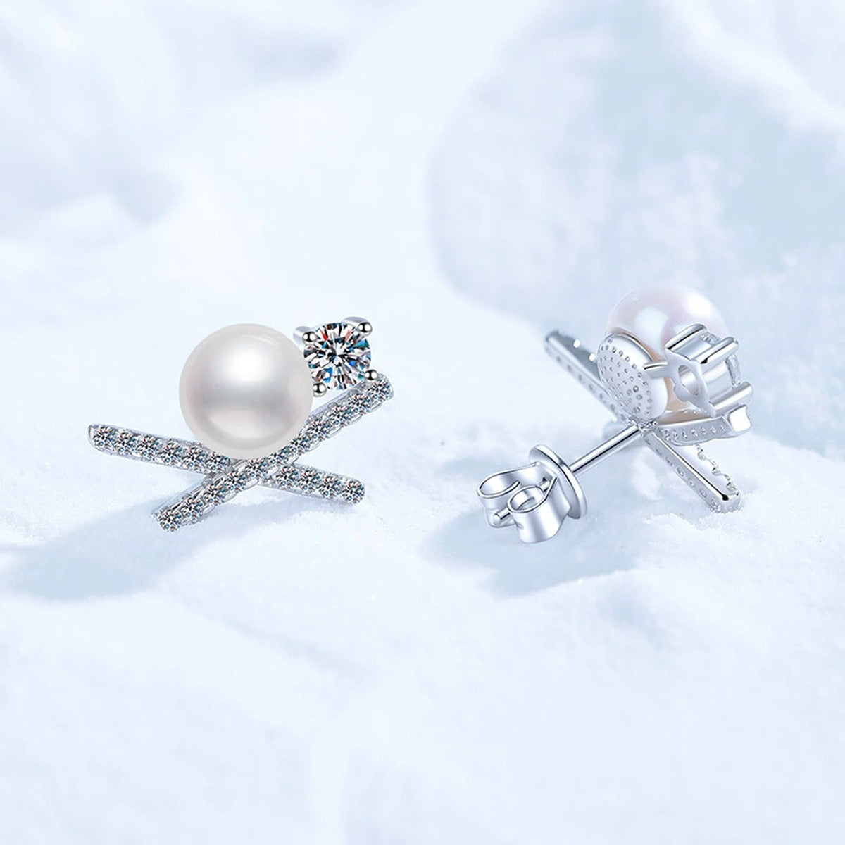 Bow Pearl Moissanite Stud Earrings with CZ in White Gold-Plated S925 Sterling Silver close-up product detail view