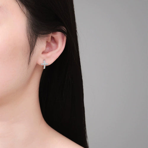 Heart Moissanite Hoop Earrings in White Gold-Plated S925 Sterling Silver worn on ear by model