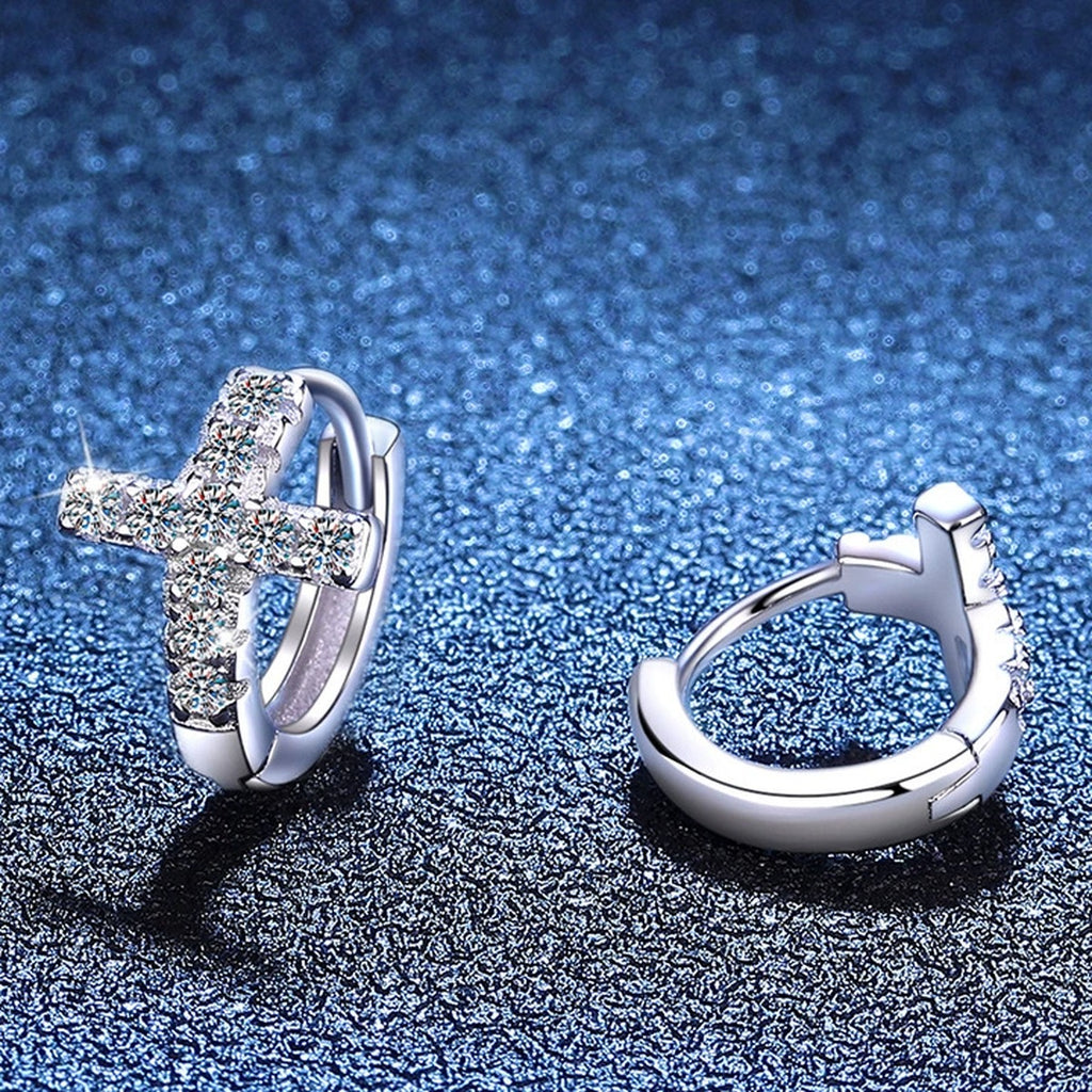 Heart Moissanite Hoop Earrings in White Gold-Plated S925 Sterling Silver blue scene product view