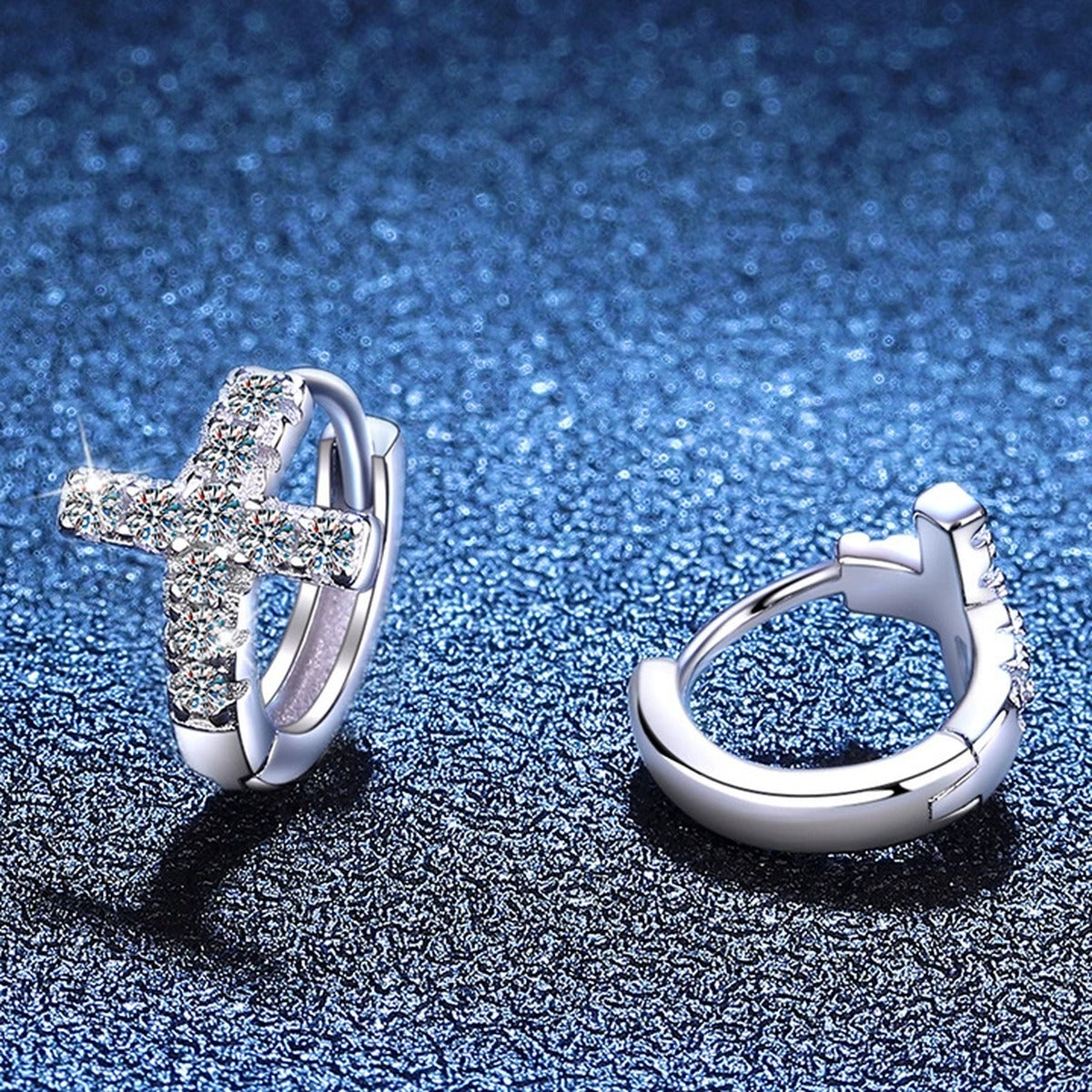 Heart Moissanite Hoop Earrings in White Gold-Plated S925 Sterling Silver blue scene product view