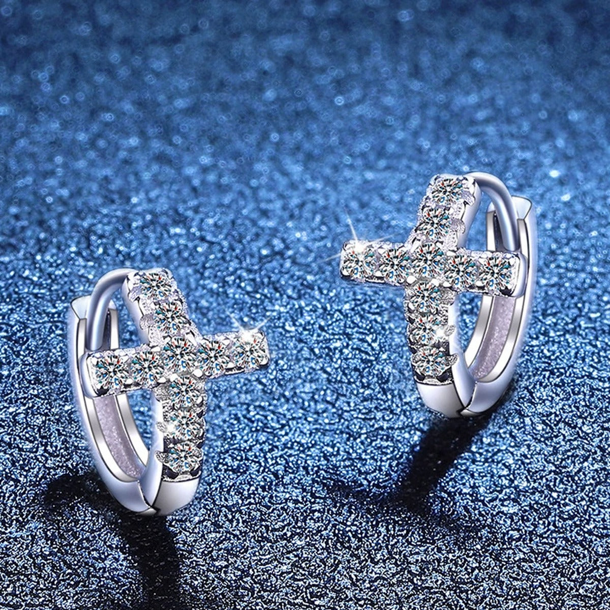 Heart Moissanite Hoop Earrings in White Gold-Plated S925 Sterling Silver blue scene angled view