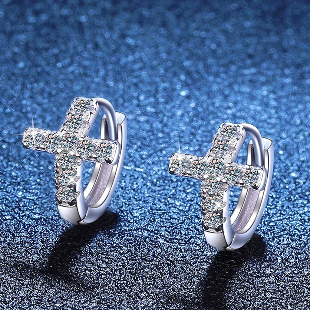 Heart Moissanite Hoop Earrings in White Gold-Plated S925 Sterling Silver blue scene close-up view