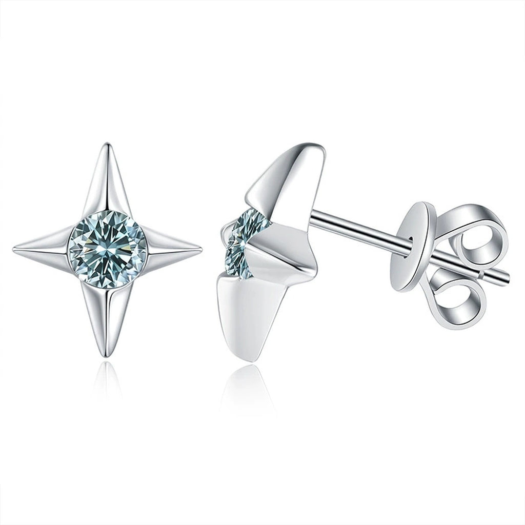 Green Moissanite Stud Earrings in White Gold-Plated S925 Silver on clean white background showing star-like stud earrings with a green moissanite center