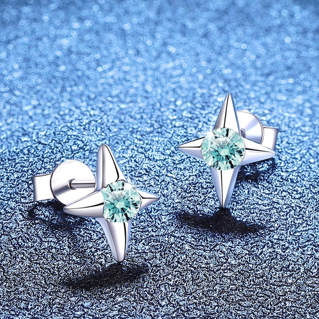 Green Moissanite Stud Earrings in White Gold-Plated S925 Silver blue scene product view