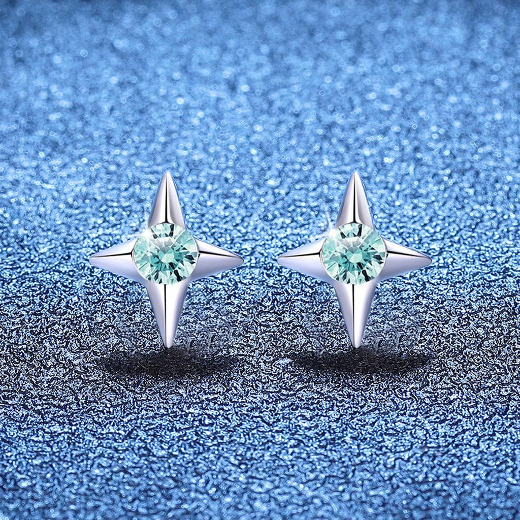 Green Moissanite Stud Earrings in White Gold-Plated S925 Silver blue scene angled view