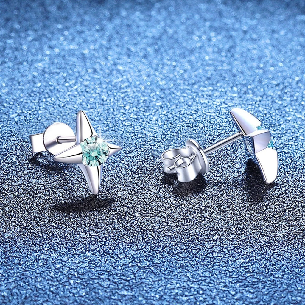 Green Moissanite Stud Earrings in White Gold-Plated S925 Silver blue scene close-up view