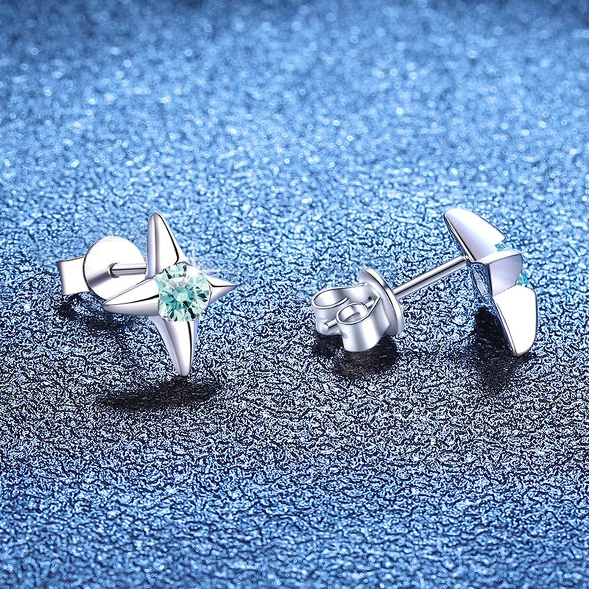Green Moissanite Stud Earrings in White Gold-Plated S925 Silver blue scene close-up view