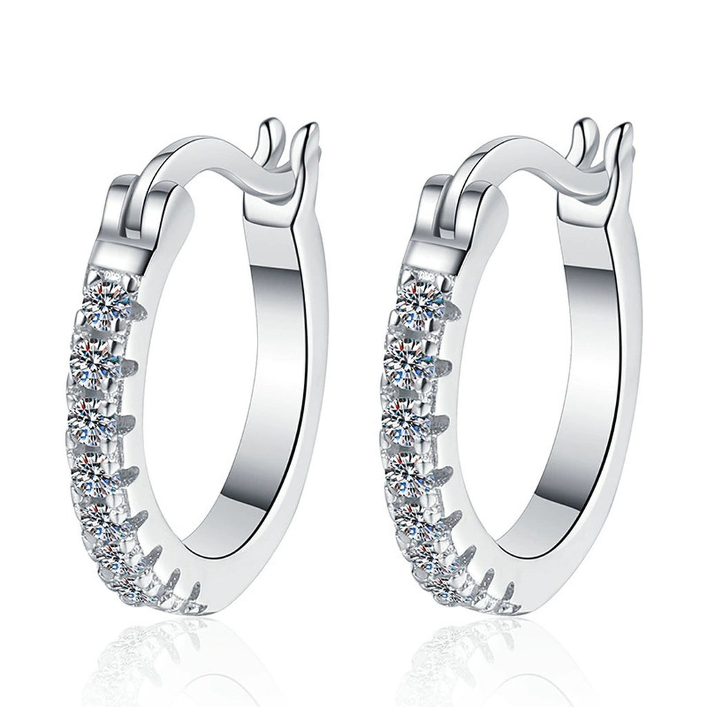 Pave Moissanite Hoop Earrings in White Gold-Plated S925 Sterling Silver on clean white background showing minimal pave hoop earrings with a slim polished outline