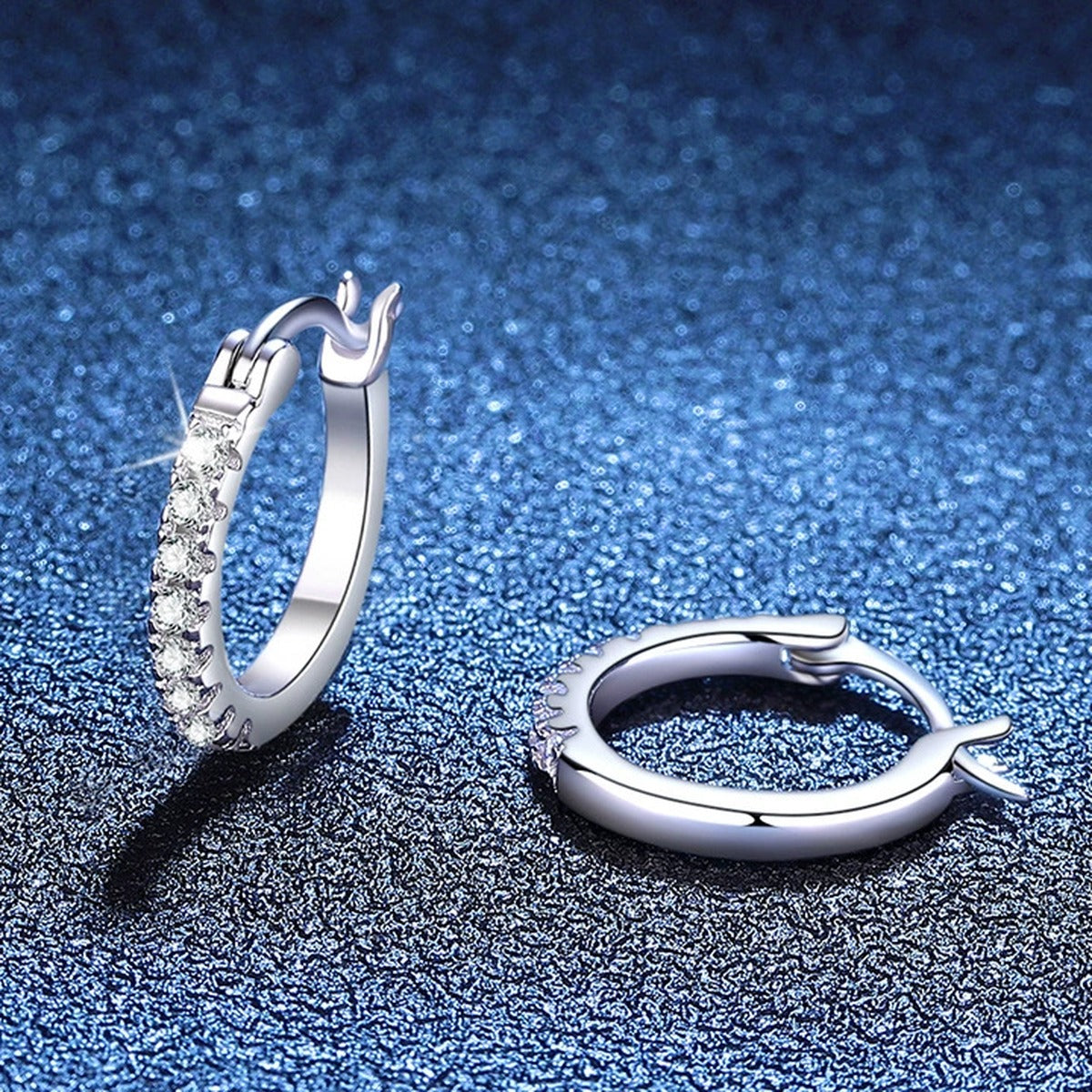 Pave Moissanite Hoop Earrings in White Gold-Plated S925 Sterling Silver blue scene product view