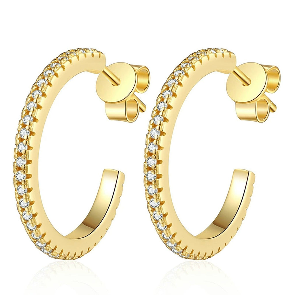 Pave Moissanite Hoop Earrings in Yellow Gold-Plated S925 Silver on clean white background showing yellow gold pave hoop earrings with a rounded silhouette