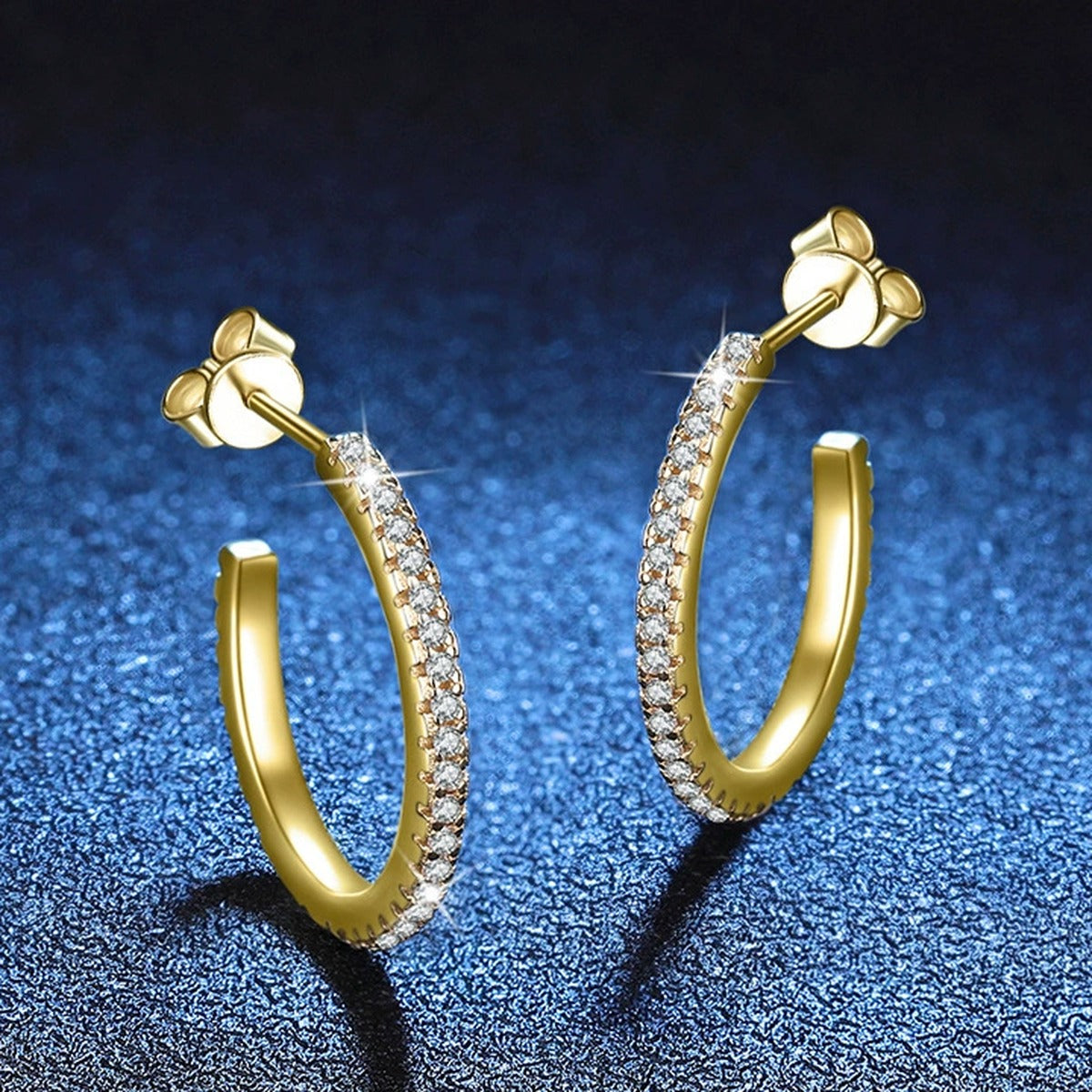 Pave Moissanite Hoop Earrings in Yellow Gold-Plated S925 Silver blue scene product view
