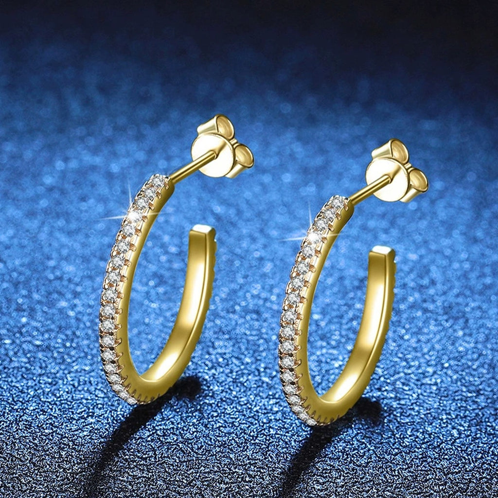 Pave Moissanite Hoop Earrings in Yellow Gold-Plated S925 Silver blue scene angled view