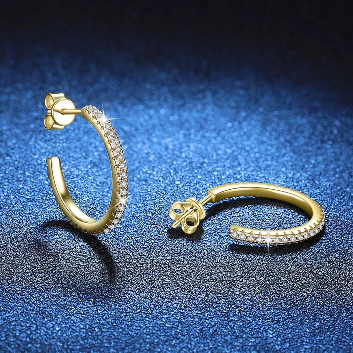 Pave Moissanite Hoop Earrings in Yellow Gold-Plated S925 Silver blue scene close-up view