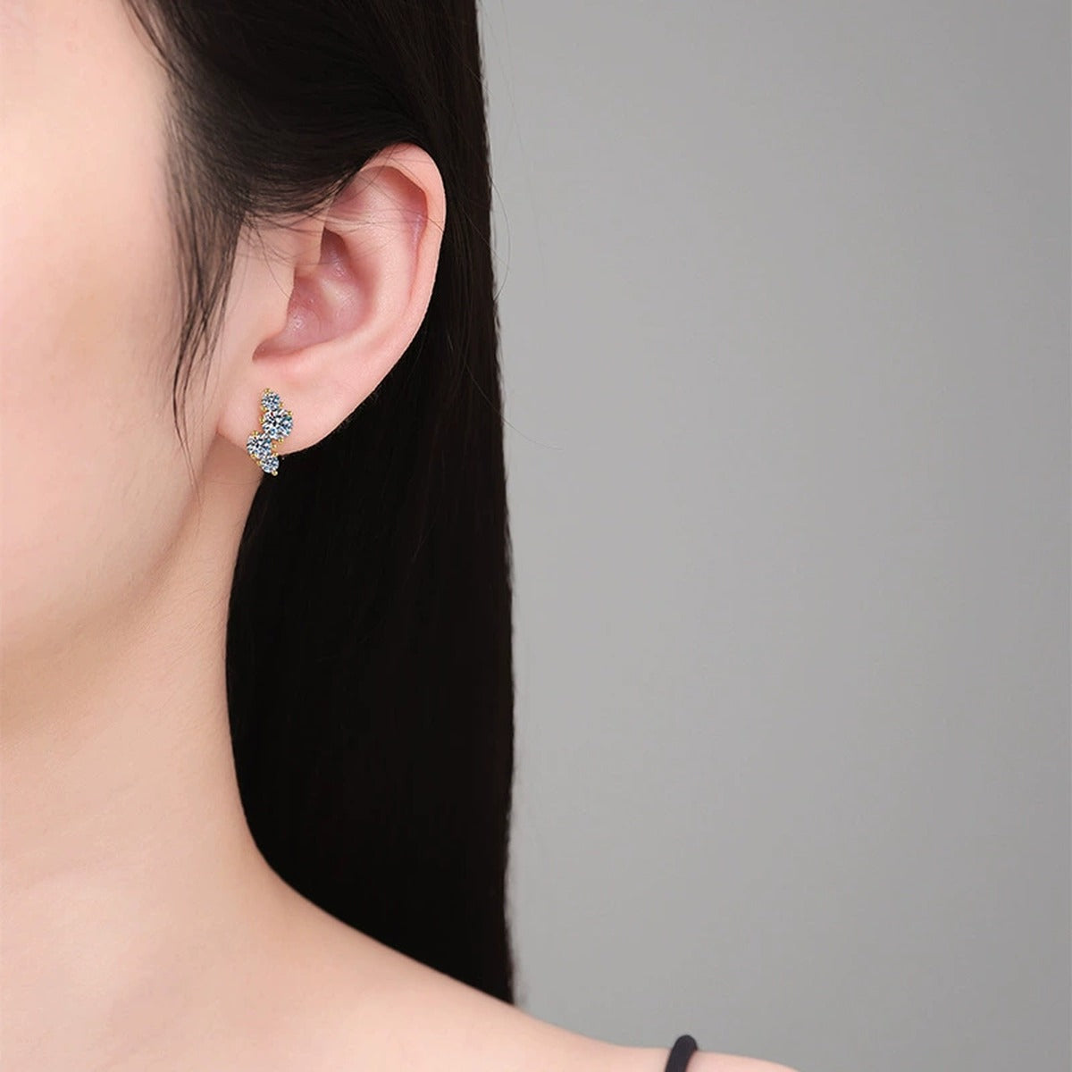 Round Moissanite Hoop Earrings in Yellow Gold-Plated S925 Silver worn on ear by model