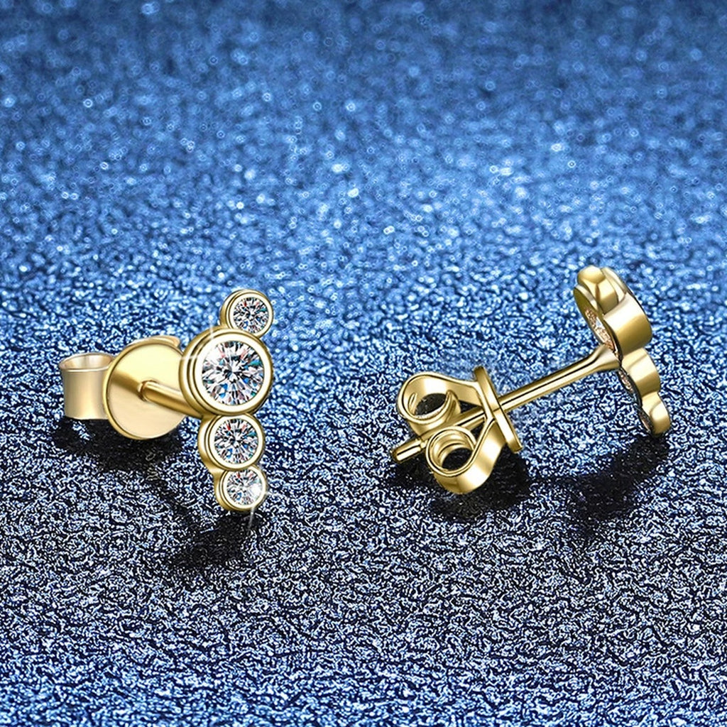 Floral Moissanite Stud Earrings in Yellow Gold-Plated S925 Silver blue scene close-up view
