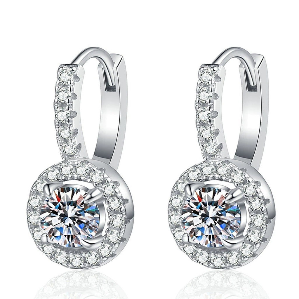 Round Moissanite Hoop Drop Earrings with CZ in White Gold-Plated S925 on clean white background showing round moissanite drop earrings suspended from polished hoops