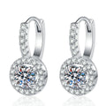 Round Moissanite Hoop Drop Earrings with CZ in White Gold-Plated S925 on clean white background showing round moissanite drop earrings suspended from polished hoops