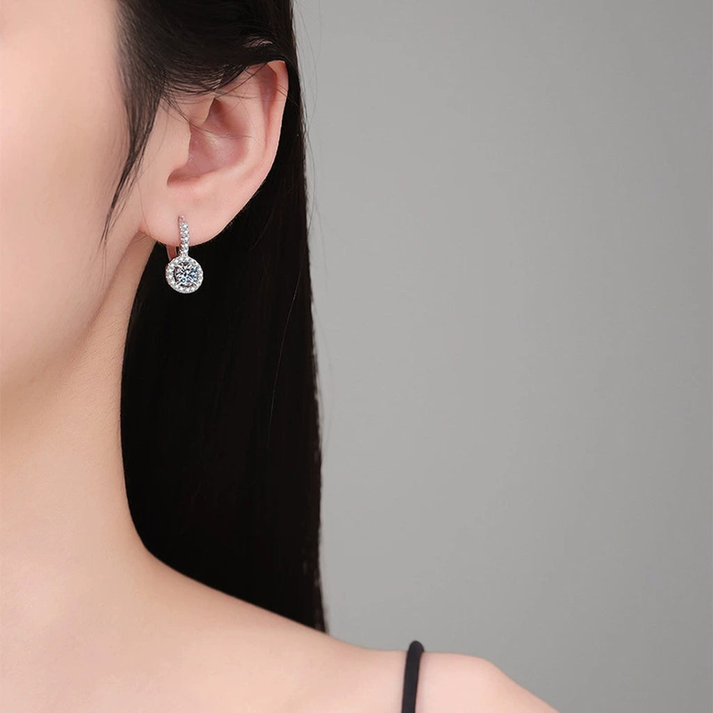Round Moissanite Hoop Drop Earrings with CZ in White Gold-Plated S925 worn on ear by model