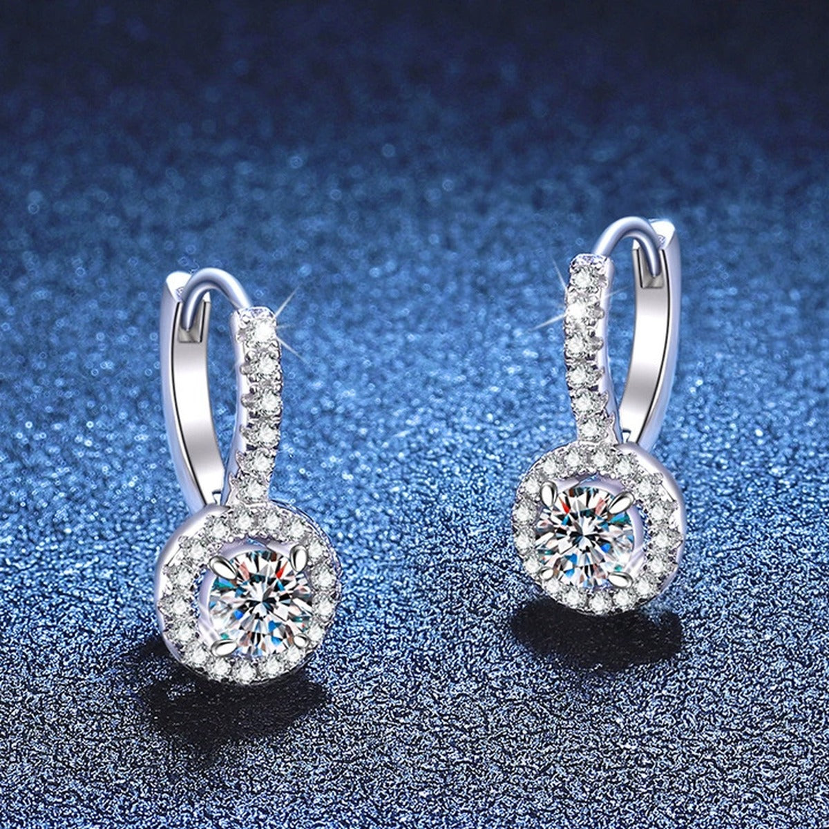 Round Moissanite Hoop Drop Earrings with CZ in White Gold-Plated S925 blue scene product view