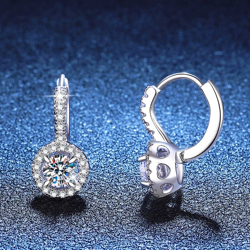 Round Moissanite Hoop Drop Earrings with CZ in White Gold-Plated S925 blue scene angled view