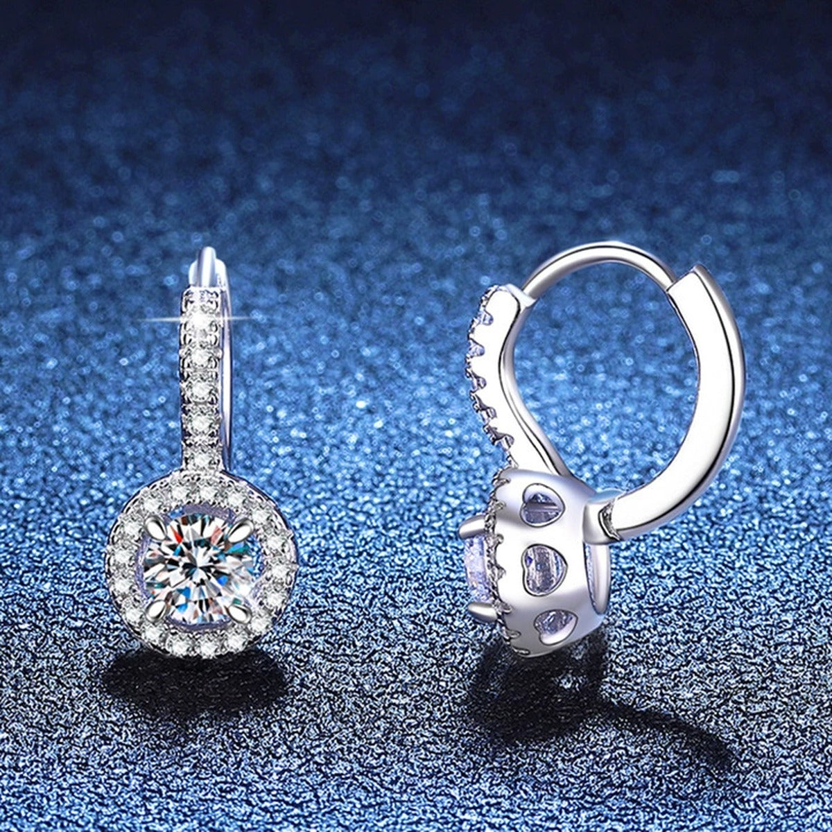 Round Moissanite Hoop Drop Earrings with CZ in White Gold-Plated S925 blue scene angled view