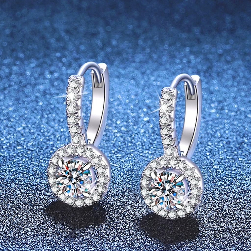 Round Moissanite Hoop Drop Earrings with CZ in White Gold-Plated S925 blue scene close-up view