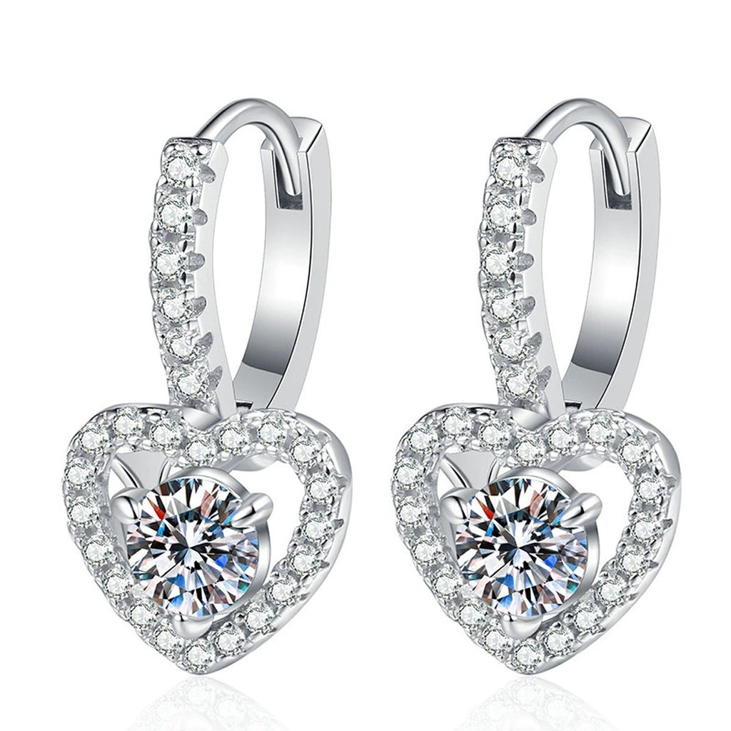 Heart Halo Moissanite Hoop Drop Earrings with CZ in White Gold-Plated S925 Sterling Silver on clean white background showing a heart halo hoop drop silhouette with a round moissanite center