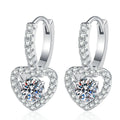 Heart Halo Moissanite Hoop Drop Earrings with CZ in White Gold-Plated S925 Sterling Silver on clean white background showing a heart halo hoop drop silhouette with a round moissanite center