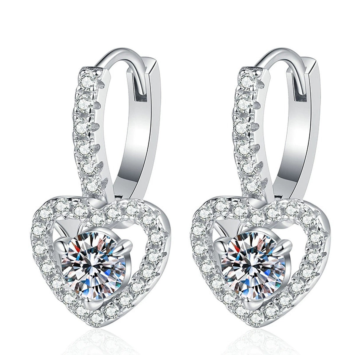 Heart Halo Moissanite Hoop Drop Earrings with CZ in White Gold-Plated S925 Sterling Silver on clean white background showing a heart halo hoop drop silhouette with a round moissanite center