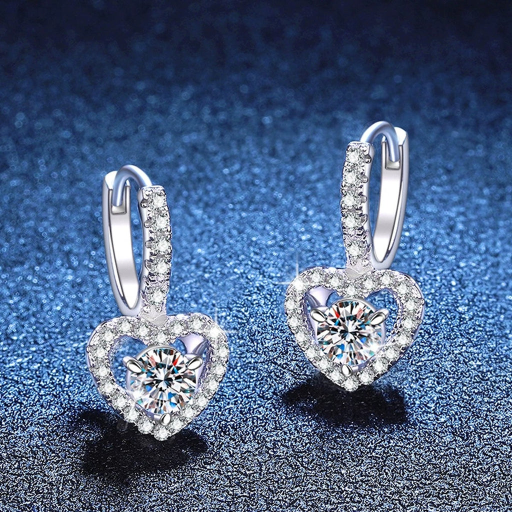 Heart Halo Moissanite Hoop Drop Earrings with CZ in White Gold-Plated S925 Sterling Silver blue scene product view