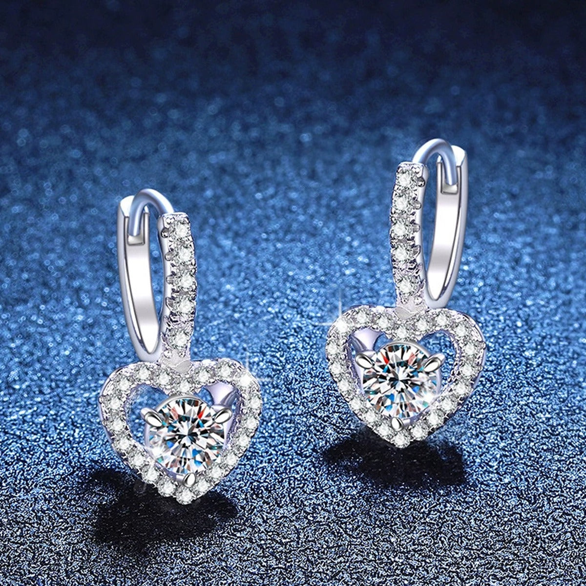Heart Halo Moissanite Hoop Drop Earrings with CZ in White Gold-Plated S925 Sterling Silver blue scene product view