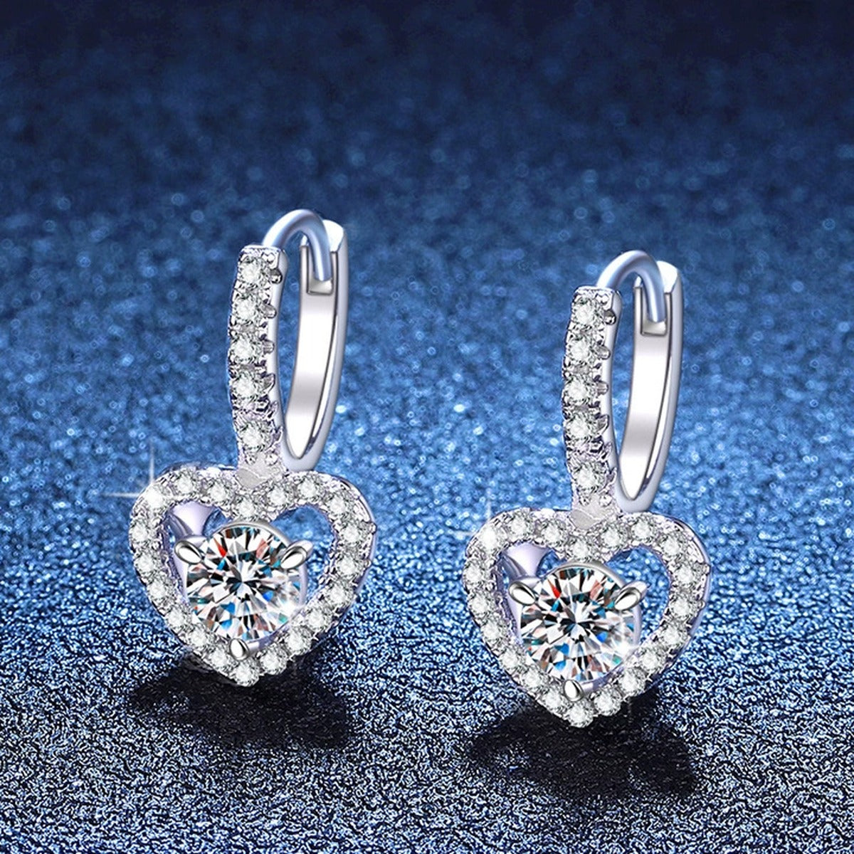 Heart Halo Moissanite Hoop Drop Earrings with CZ in White Gold-Plated S925 Sterling Silver blue scene angled view