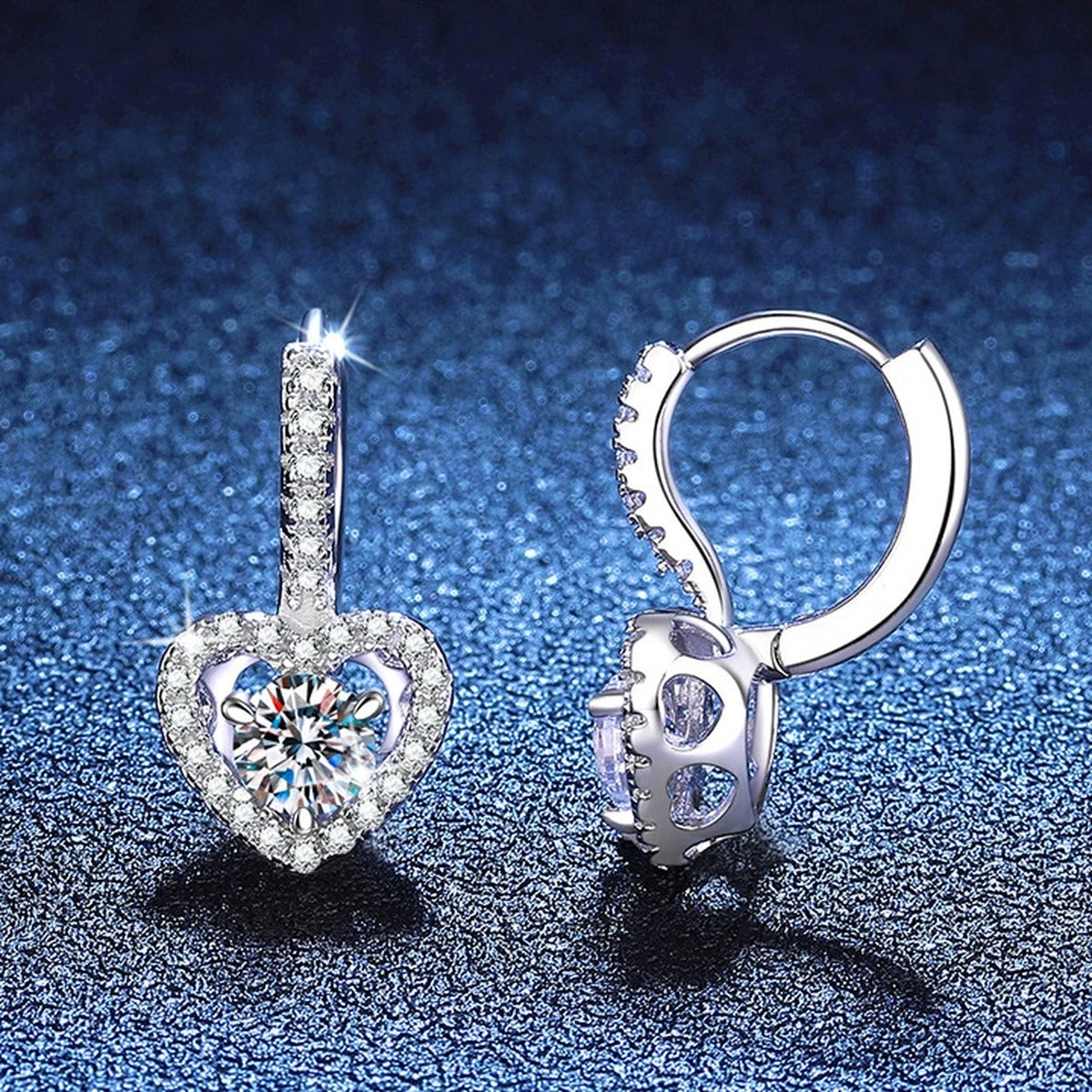 Heart Halo Moissanite Hoop Drop Earrings with CZ in White Gold-Plated S925 Sterling Silver blue scene close-up view