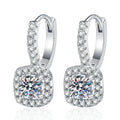 Cushion Halo Moissanite Hoop Drop Earrings with CZ in White Gold-Plated S925 Sterling Silver on clean white background showing a cushion halo hoop drop silhouette with a round moissanite center