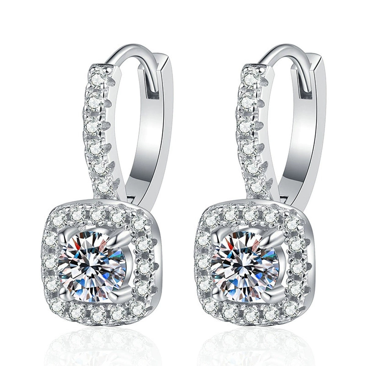 Cushion Halo Moissanite Hoop Drop Earrings with CZ in White Gold-Plated S925 Sterling Silver on clean white background showing a cushion halo hoop drop silhouette with a round moissanite center
