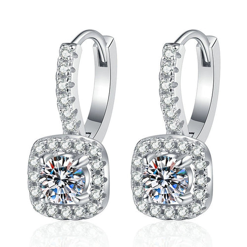 Cushion Halo Moissanite Hoop Drop Earrings with CZ in White Gold-Plated S925 Sterling Silver on clean white background showing a cushion halo hoop drop silhouette with a round moissanite center